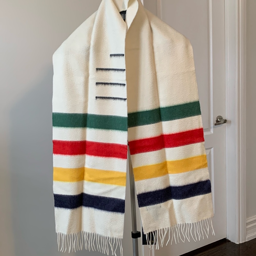 HBC stripes Johnston of Elgin xHudson’s Bay 100% cashmere scarf made in Scotland